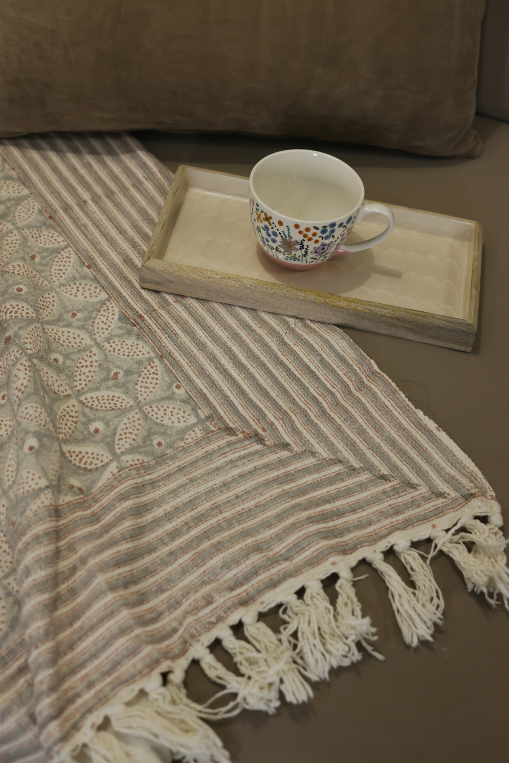 Dusty Peach Block Print Sofa Throw