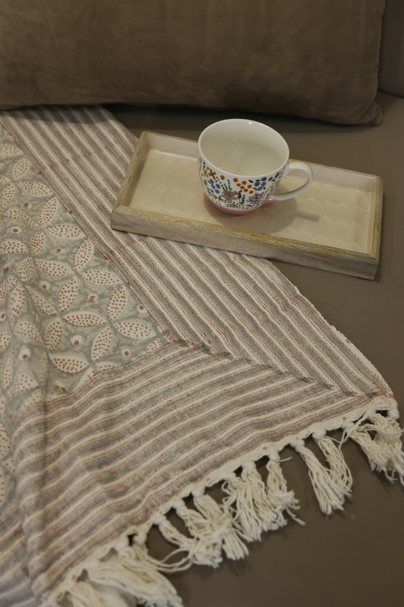 Dusty Peach Block Print Sofa Throw