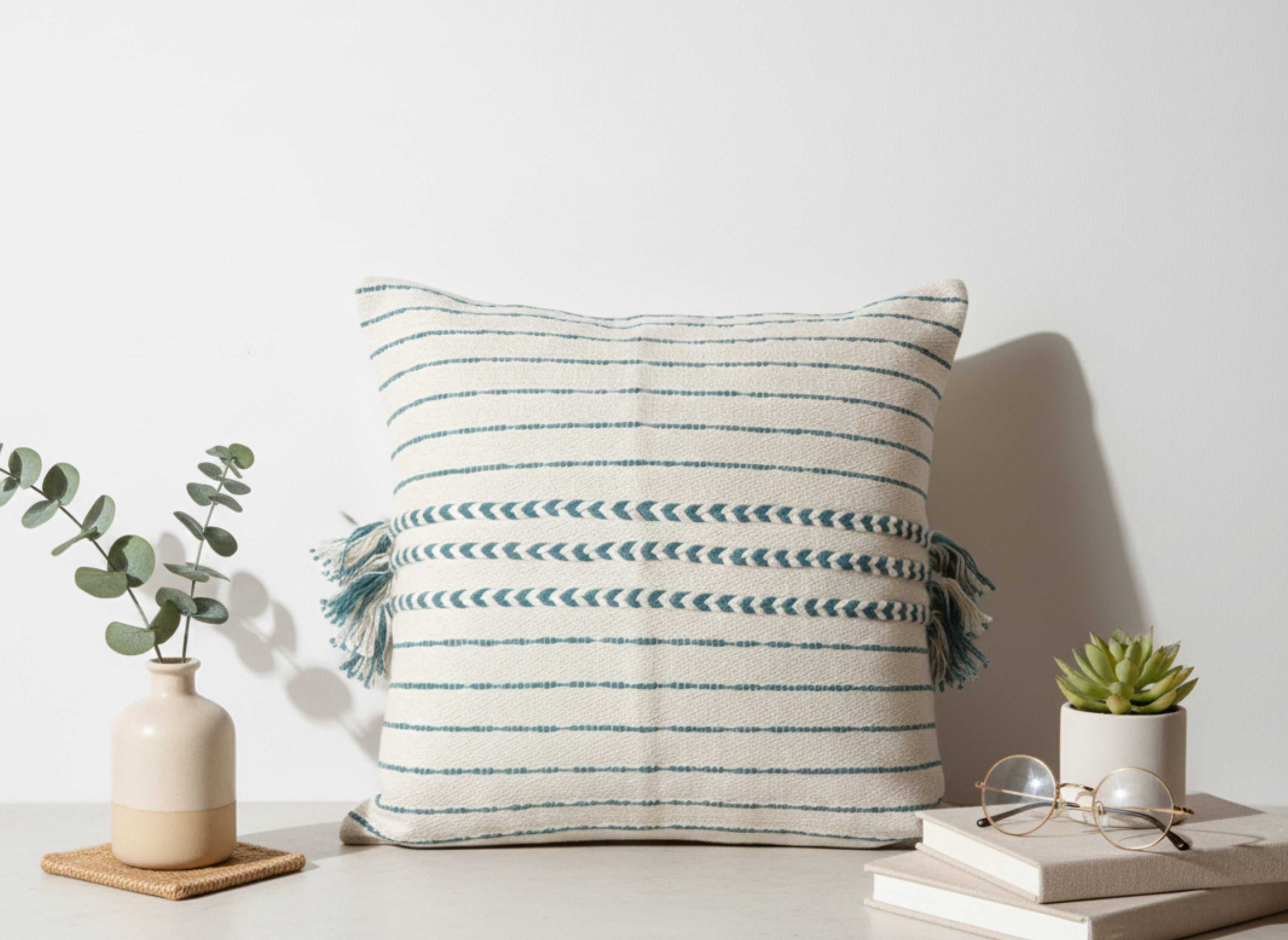 Beige Cushion Cover with Teal Tassels