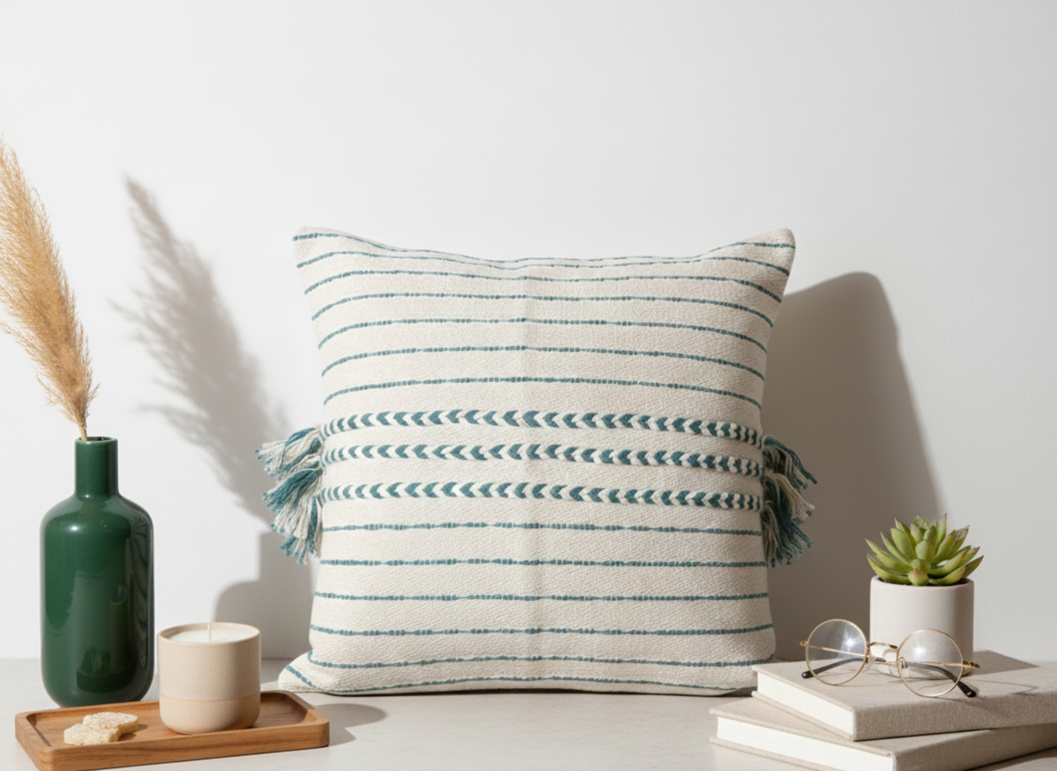 Beige Cushion Cover with Teal Tassels