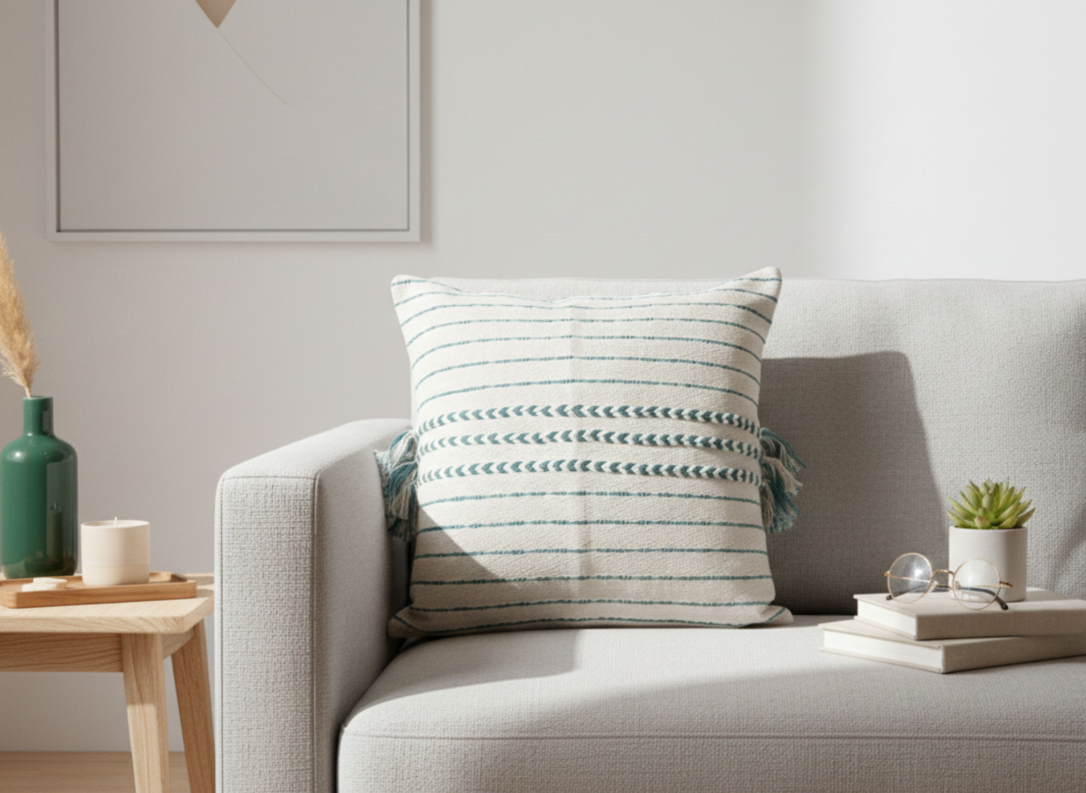 Beige Cushion Cover with Teal Tassels